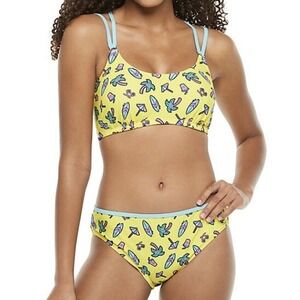 Undercurrent Juniors Graphic Strappy Bikini Large New with Tags Yellow Surf Palm